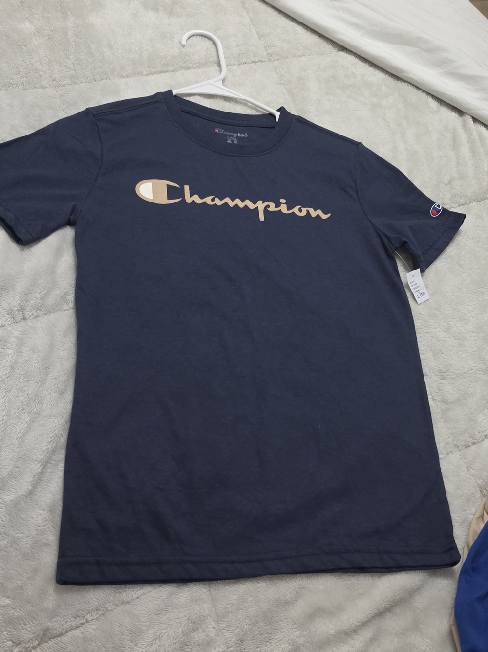 NWT Champion Kids Navy Blue Classic Script Logo T-Shirt - Size Youth Large (12)